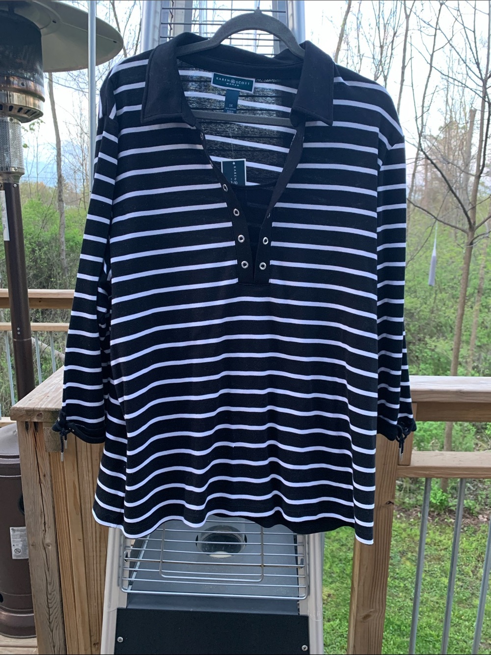 Karen Scott Black and White Striped 3/4 Sleeve Polo